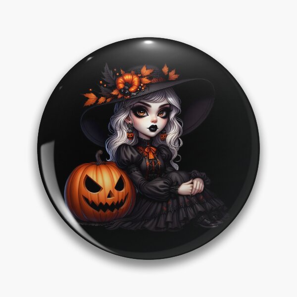 Item preview, White silver hair cute witch wearing gothic black dress and sitting next to a jackolantern wearing fall leaf decorated hat and heaby black makeup and lipstick cartoon isolated transparent background designed and sold by EmeraldeaArt.