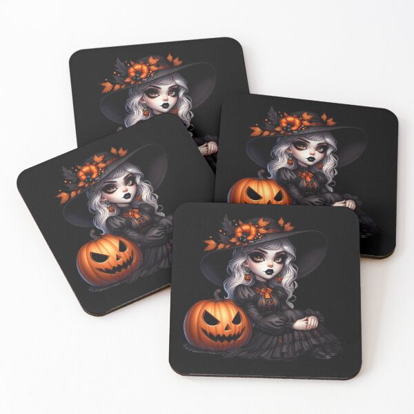 Item preview, White silver hair cute witch wearing gothic black dress and sitting next to a jackolantern wearing fall leaf decorated hat and heaby black makeup and lipstick cartoon isolated transparent background designed and sold by EmeraldeaArt.