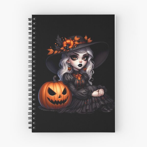 Item preview, White silver hair cute witch wearing gothic black dress and sitting next to a jackolantern wearing fall leaf decorated hat and heaby black makeup and lipstick cartoon isolated transparent background designed and sold by EmeraldeaArt.