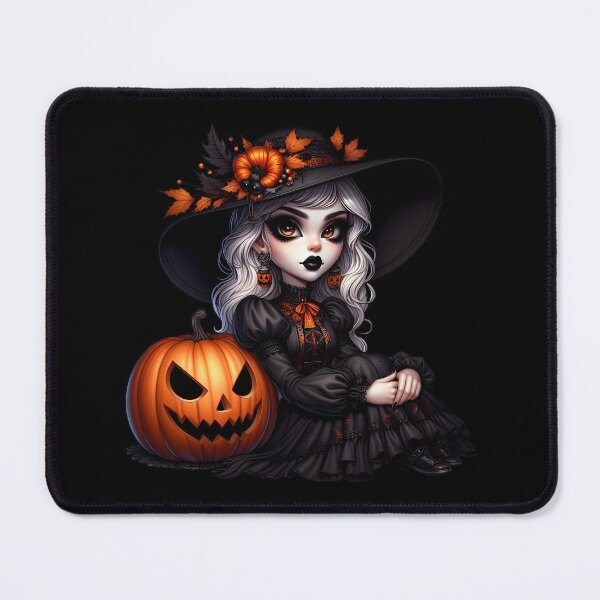 Item preview, White silver hair cute witch wearing gothic black dress and sitting next to a jackolantern wearing fall leaf decorated hat and heaby black makeup and lipstick cartoon isolated transparent background designed and sold by EmeraldeaArt.
