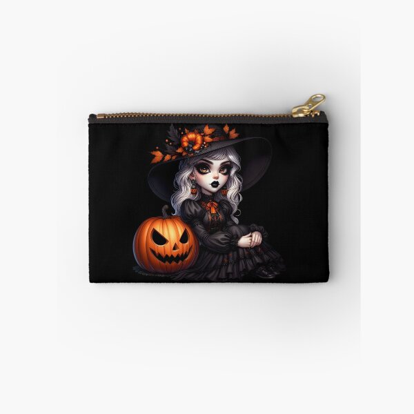 Item preview, White silver hair cute witch wearing gothic black dress and sitting next to a jackolantern wearing fall leaf decorated hat and heaby black makeup and lipstick cartoon isolated transparent background designed and sold by EmeraldeaArt.