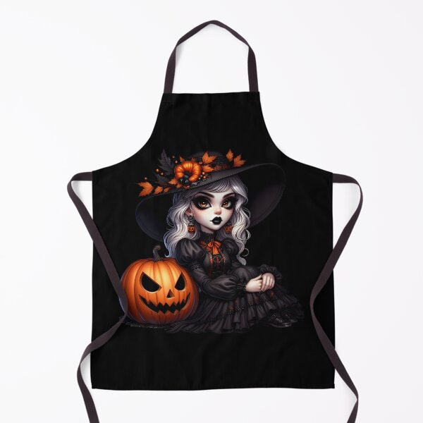Item preview, White silver hair cute witch wearing gothic black dress and sitting next to a jackolantern wearing fall leaf decorated hat and heaby black makeup and lipstick cartoon isolated transparent background designed and sold by EmeraldeaArt.