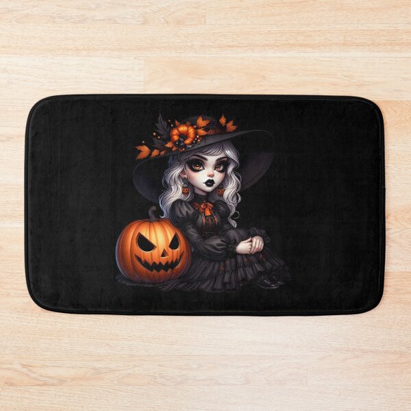 Item preview, White silver hair cute witch wearing gothic black dress and sitting next to a jackolantern wearing fall leaf decorated hat and heaby black makeup and lipstick cartoon isolated transparent background designed and sold by EmeraldeaArt.