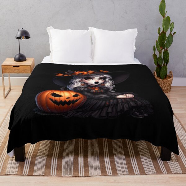 Item preview, White silver hair cute witch wearing gothic black dress and sitting next to a jackolantern wearing fall leaf decorated hat and heaby black makeup and lipstick cartoon isolated transparent background designed and sold by EmeraldeaArt.