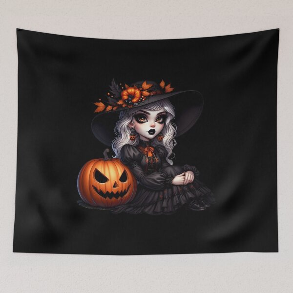 Item preview, White silver hair cute witch wearing gothic black dress and sitting next to a jackolantern wearing fall leaf decorated hat and heaby black makeup and lipstick cartoon isolated transparent background designed and sold by EmeraldeaArt.