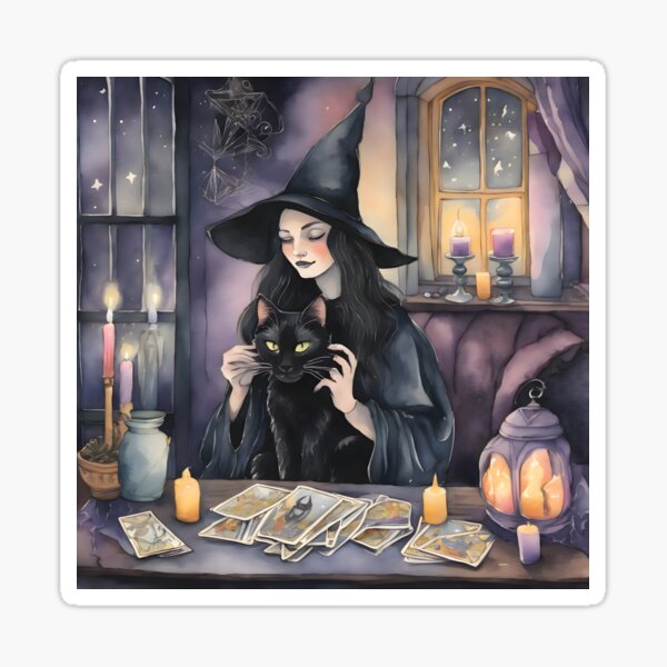 Item preview, Witch with Black Cat & Tarot Cards designed and sold by Shopatmarlow.