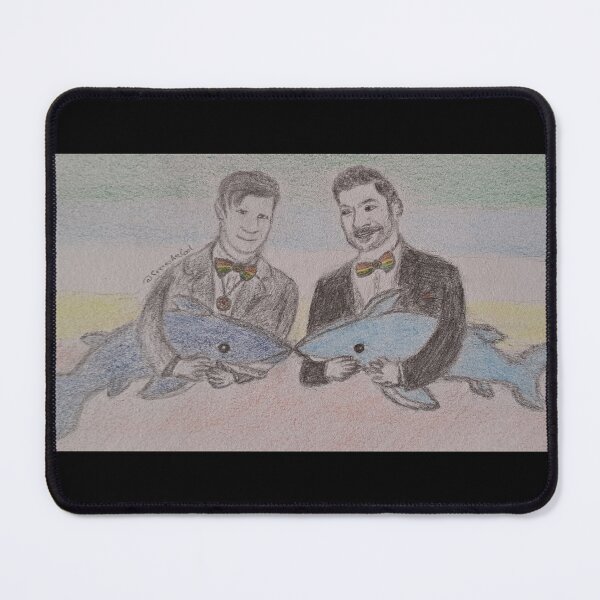 Item preview, Lucileven - 1 (Drawing of Lucifer Morningstar and The Eleventh Doctor with two shark stuffies and the disability pride flag in the background) designed and sold by SillyDocsStuff.