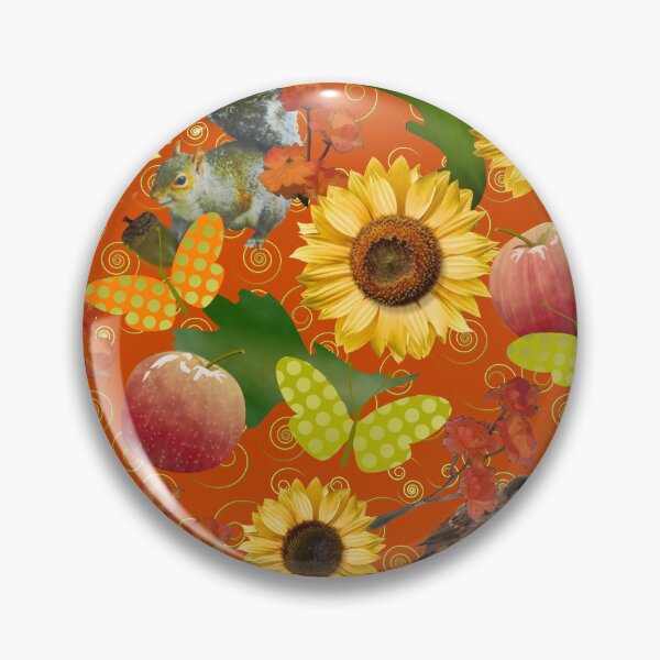 Artikelvorschau, Ernte Sonnenblume auf Orange mit goldenen Spiralen Halbtropfen entworfen und verkauft von Art in My Loft.