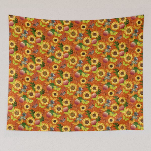 Item preview, Harvest Sunflower on Orange with Gold Spirals Half-Drop designed and sold by Art in My Loft.