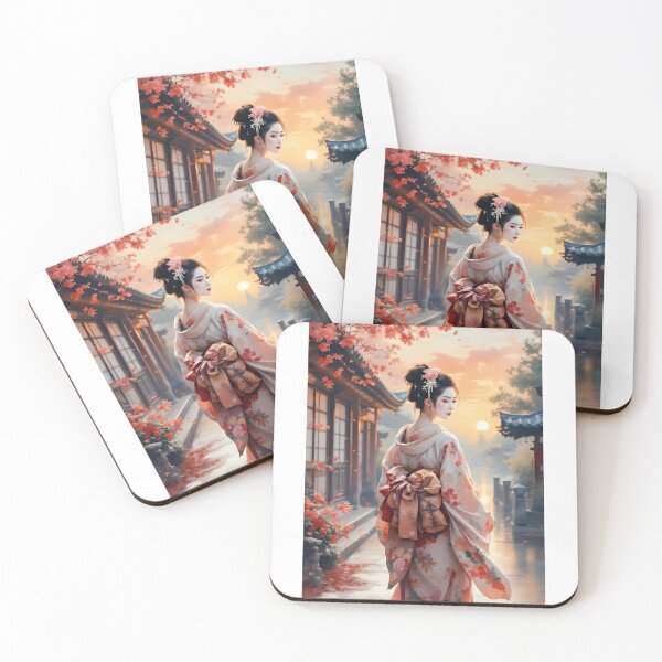 Item preview, Beautiful autumn abstract geisha, kimono , in sunrise with pagoda, Japan designed and sold by Coolparrotgirl.
