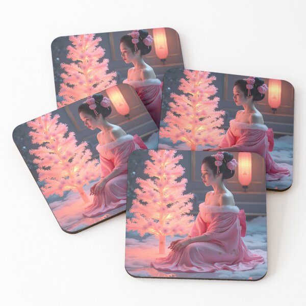 Item preview,  Beautiful pink Christmas fantasy scene abstract geisha, kimono , in sunrise with pagoda, Japan designed and sold by Coolparrotgirl.