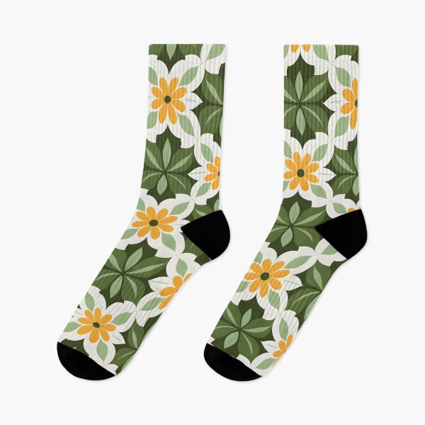 Artikelvorschau, Mid Century Modern Retro Blumenmuster Grün Gelb entworfen und verkauft von Prints and Lifestyle.