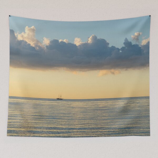 Item preview, Distant Sailing Ship on Pale Gold and Blue Ocean designed and sold by Georgia Mizuleva.