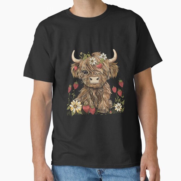 Vista previa del artículo con la obra «Vaca de las Tierras Altas con flores y fresas», diseñado y vendido por YalenArt.