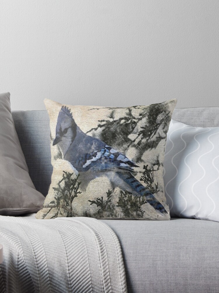 primitive christmas snow pine tree blue jay bird Throw Pillow for Sale by  lfang77