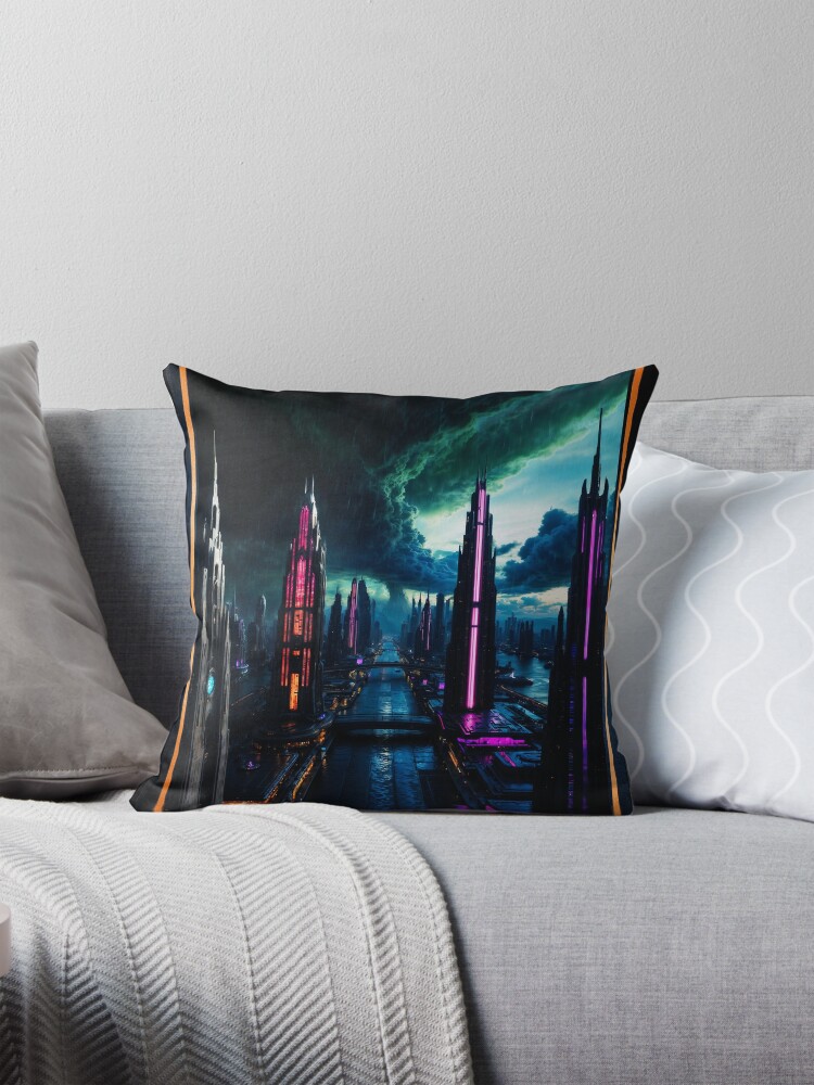 Futuristic Cyberpunk Metropolis Amidst Clouds Of Stormy Skies AI Concept Art by Xzendor7 | Astonishing Cityscape 4 Futuristic Cyberpunk Metropolis Amidst Clouds Of Stormy Skies Breathtaking AI Concept Art by Xzendor7 Decorative Art Print Throw Pillow