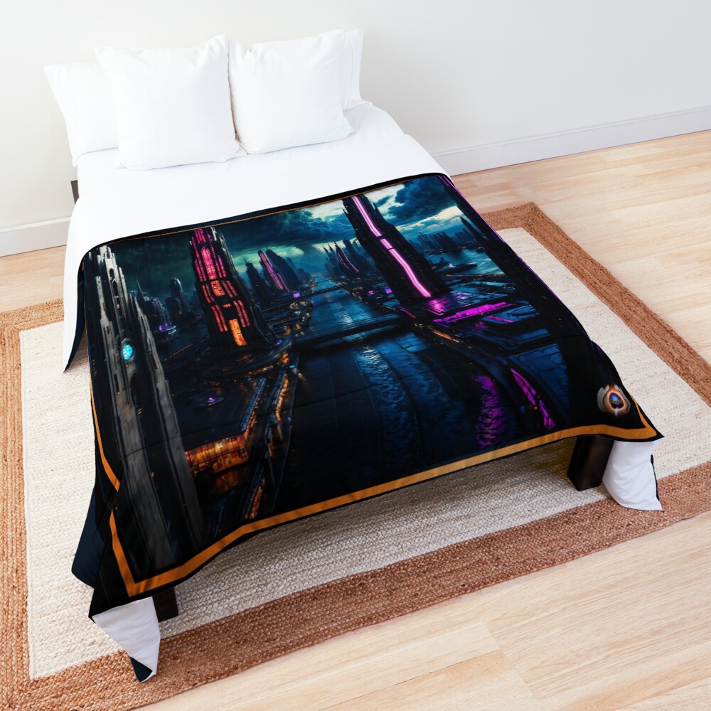 Futuristic Cyberpunk Metropolis Amidst Clouds Of Stormy Skies AI Concept Art by Xzendor7 | Astonishing Cityscape 3 Futuristic Cyberpunk Metropolis Amidst Clouds Of Stormy Skies Breathtaking AI Concept Art by Xzendor7 Decorative Art Print Comforter