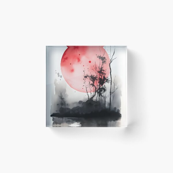 Item preview, blood moon watercolor painting, black trees with large red moon watercolor, inkwash asian painting artwork designed and sold by Lightweav.