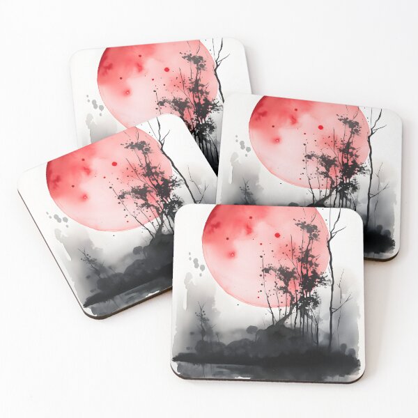 Item preview, blood moon watercolor painting, black trees with large red moon watercolor, inkwash asian painting artwork designed and sold by Lightweav.