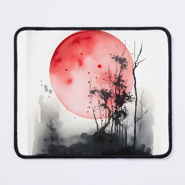 Item preview, blood moon watercolor painting, black trees with large red moon watercolor, inkwash asian painting artwork designed and sold by Lightweav.