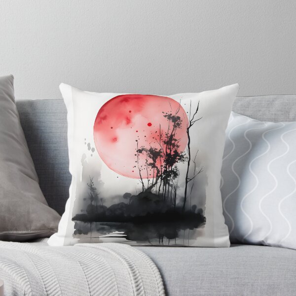 Item preview, blood moon watercolor painting, black trees with large red moon watercolor, inkwash asian painting artwork designed and sold by Lightweav.