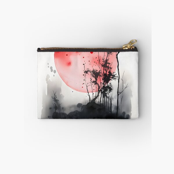 Item preview, blood moon watercolor painting, black trees with large red moon watercolor, inkwash asian painting artwork designed and sold by Lightweav.