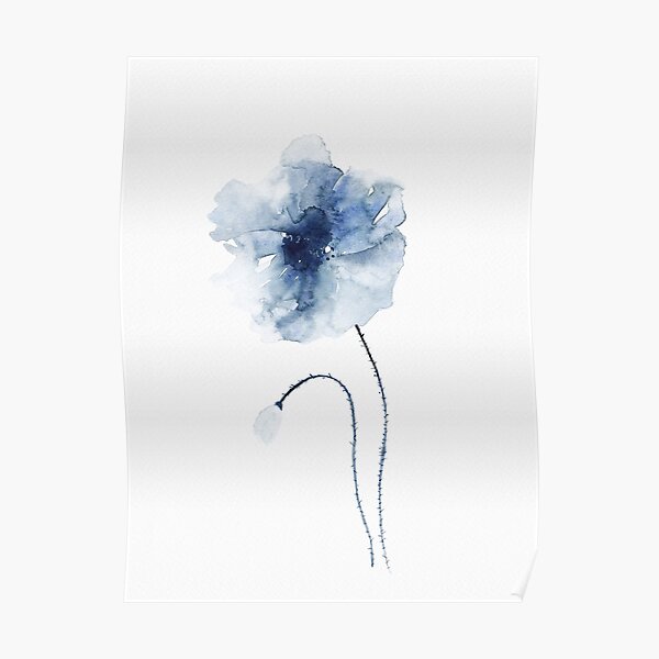 Blue Watercolor Poppies #2 Poster