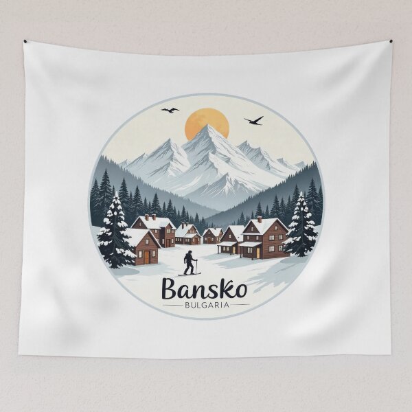 Item preview, Retro Vintage Travel Sticker Bansko - Minimalist Winter Landscape with Sunrise" designed and sold by pod24.
