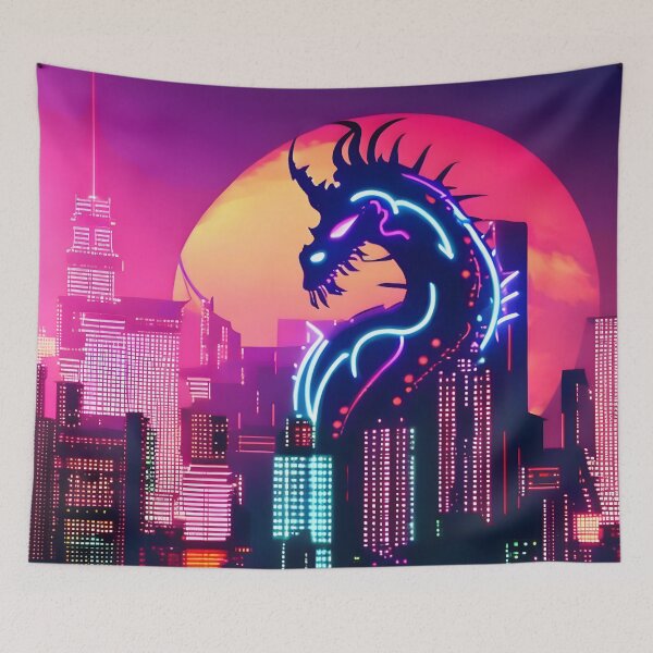 Item preview, Neon Dragon over Cyberpunk Skyline designed and sold by worldofwhisper.