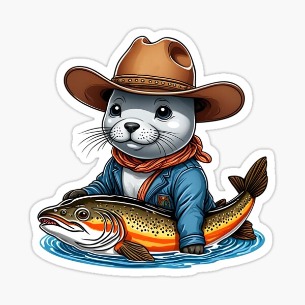 Vista previa del artículo con la obra «Foca con sombrero de vaquero sosteniendo una trucha.», diseñado y vendido por KojourinArt.