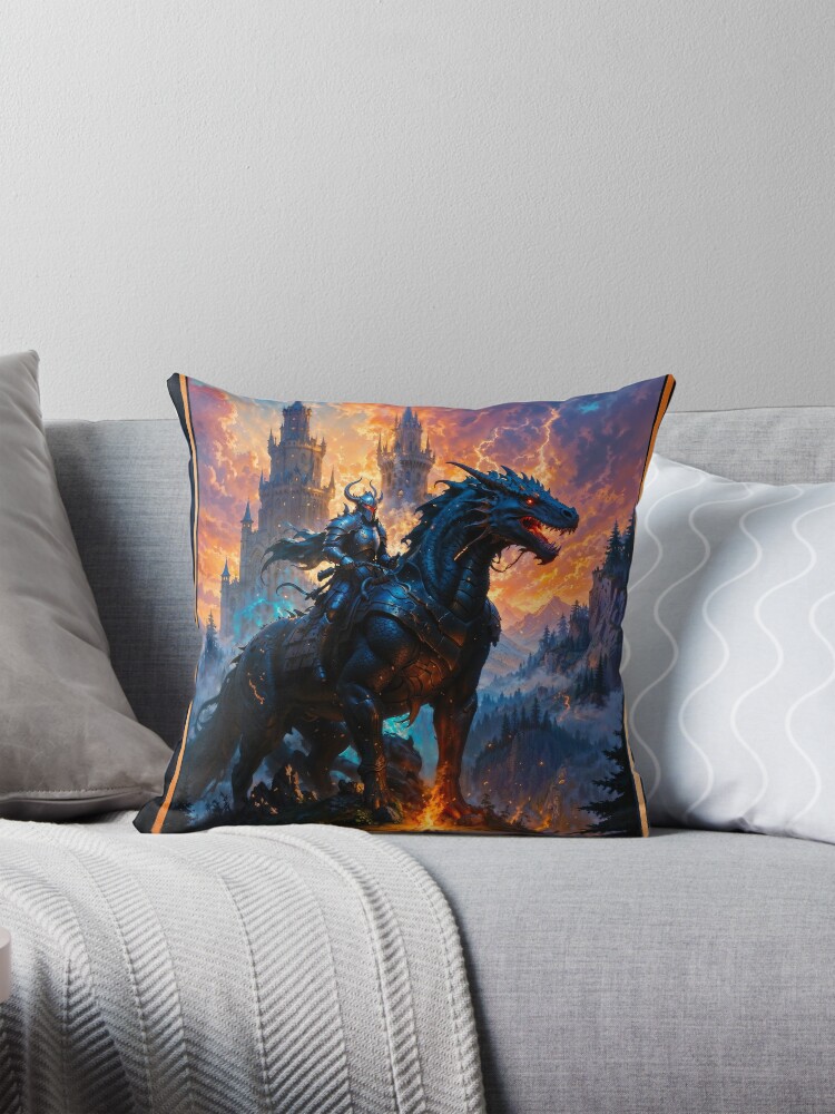 Epic Fantasy Of A Dark Knight Riding A Dragon Steed Before A Gothic Castle Breathtaking AI Concept Art by Xzendor7 Decorative Art Print Throw Pillow