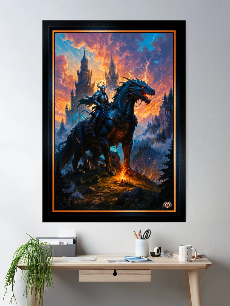 Epic Fantasy Of A Dark Knight Riding A Dragon Steed Before A Gothic Castle Breathtaking AI Concept Art by Xzendor7 Wall Decor Poster Art Print