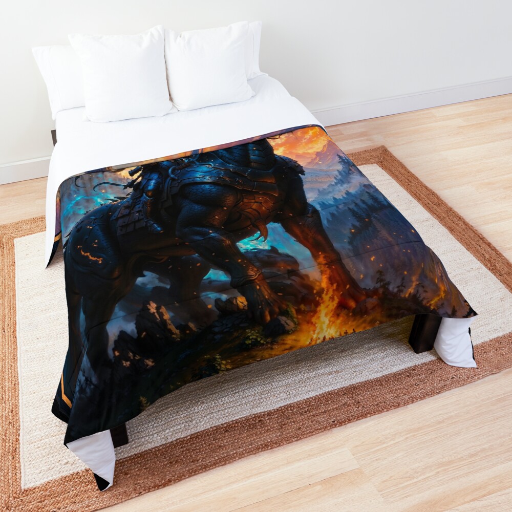 Epic Fantasy Of A Dark Knight Riding A Dragon Steed Before A Gothic Castle Breathtaking AI Concept Art by Xzendor7 Decorative Art Print Comforter