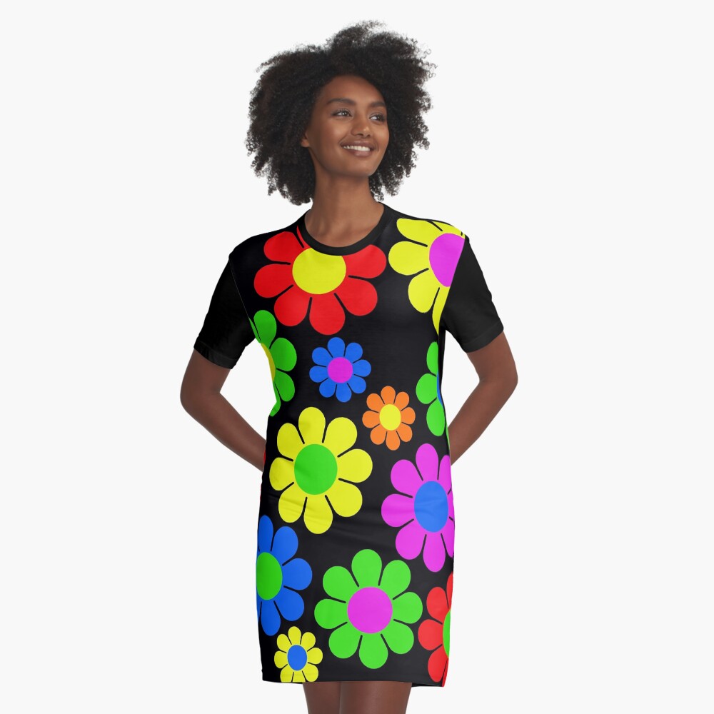 Hippy Flower Daisy Spring Pattern Graphic T-Shirt Dress