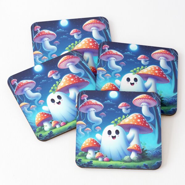 Item preview, Funghi Ghostie among mushrooms under a full moon halloween cartoon designed and sold by EmeraldeaArt.
