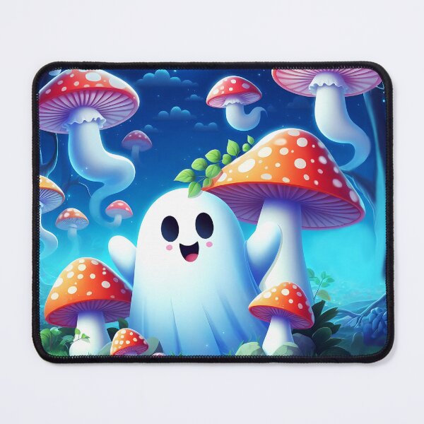 Item preview, Funghi Ghostie among mushrooms under a full moon halloween cartoon designed and sold by EmeraldeaArt.