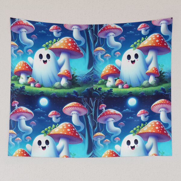 Item preview, Funghi Ghostie among mushrooms under a full moon halloween cartoon designed and sold by EmeraldeaArt.