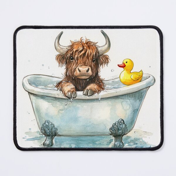 Item preview, Whimsical watercolor illustration of a cute Scottish Highlander taking a bath designed and sold by ExposuretoArt.
