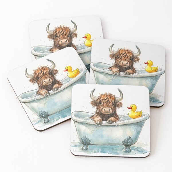 Item preview, Whimsical watercolor illustration of a cute Scottish Highlander taking a bath designed and sold by ExposuretoArt.
