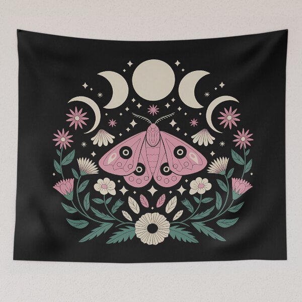 Item preview, Dark girly pink moth with moon phases  - lunar florals wild flowers composition gothic feminine girlie night celestial  designed and sold by Fantasy Cache.