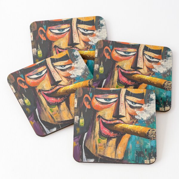 Item preview, Bold and Colorful Character Smoking a Large Cigar Surrounded by Bottles in Vibrant Abstract Art designed and sold by OlfactoART Studio.