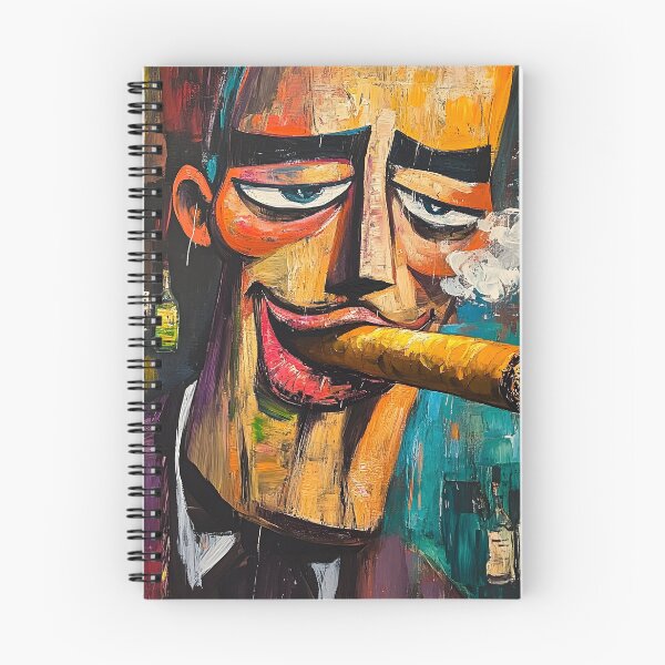 Item preview, Bold and Colorful Character Smoking a Large Cigar Surrounded by Bottles in Vibrant Abstract Art designed and sold by OlfactoART Studio.