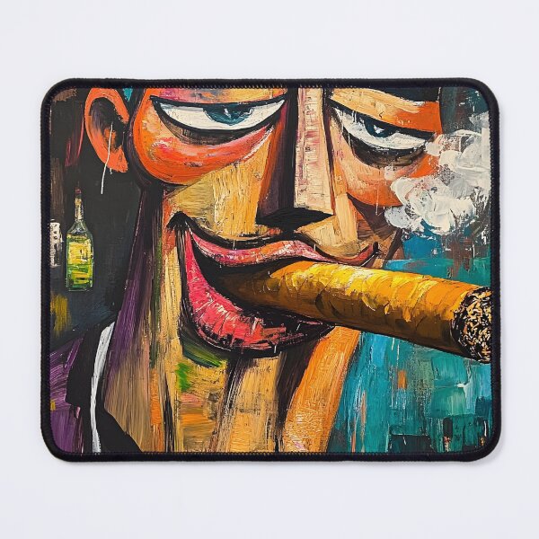 Item preview, Bold and Colorful Character Smoking a Large Cigar Surrounded by Bottles in Vibrant Abstract Art designed and sold by OlfactoART Studio.