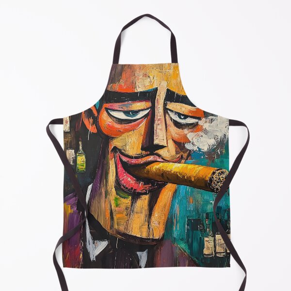 Item preview, Bold and Colorful Character Smoking a Large Cigar Surrounded by Bottles in Vibrant Abstract Art designed and sold by OlfactoART Studio.