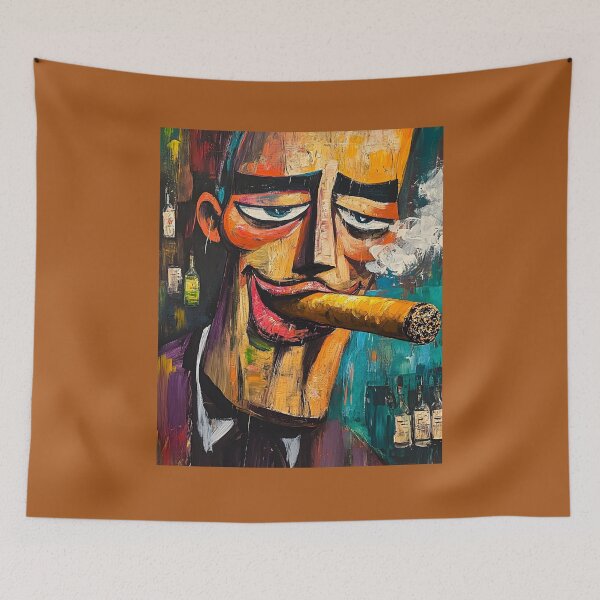 Item preview, Bold and Colorful Character Smoking a Large Cigar Surrounded by Bottles in Vibrant Abstract Art designed and sold by OlfactoART Studio.