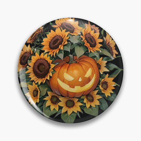 Item preview, a mischievous Jack-o'-lantern with vibrant sunflowers, Halloween theme color designed and sold by cathrefracting.