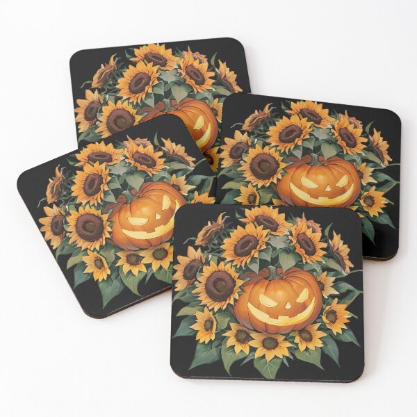 Item preview, a mischievous Jack-o'-lantern with vibrant sunflowers, Halloween theme color designed and sold by cathrefracting.
