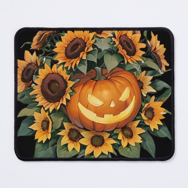 Item preview, a mischievous Jack-o'-lantern with vibrant sunflowers, Halloween theme color designed and sold by cathrefracting.