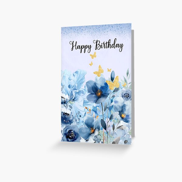 Item preview, Blue flowers and gold butterflies Happy Birthday designed and sold by Fantacaroo Designs.