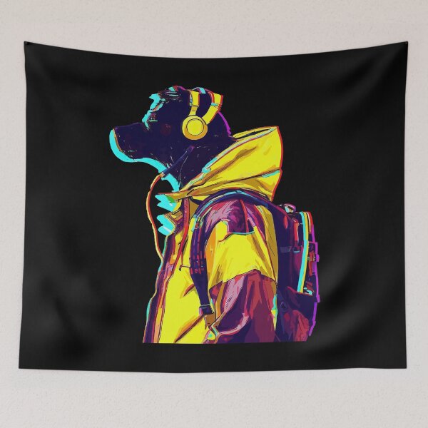 Item preview, Retro glitch dog in headphones wearing yellow jacket and backpack cyber anime style designed and sold by TomFrontierArt.